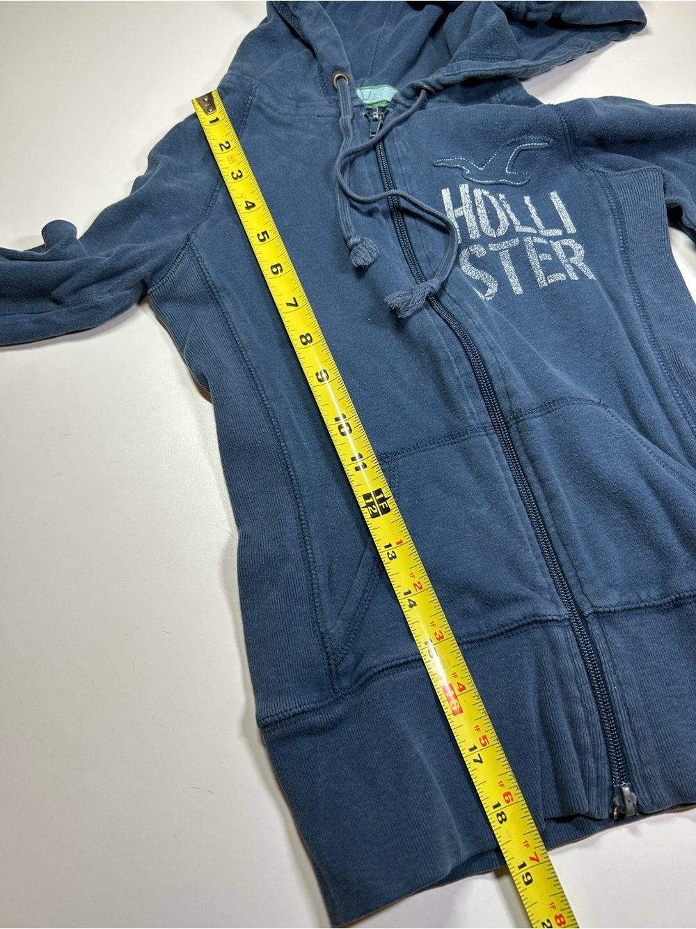 Hollister Women's XS Washed Distressed Navy Blue Full-Zip Hoodie Y2K 100% Cotton - Picture 8 of 12